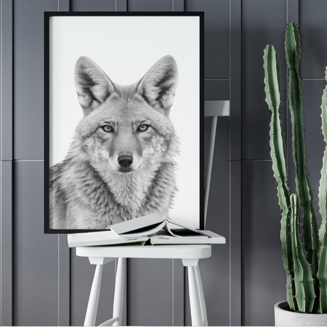 Affiche Portrait de tête de coyote noir blanc (Créateur téléchargé)
