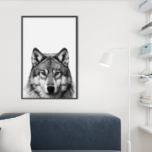 Affiche Portrait de tête de loup noir blanc