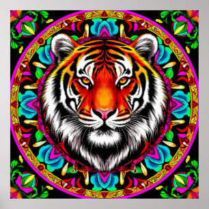 Affiche Portrait de tigre avec motif de mandala