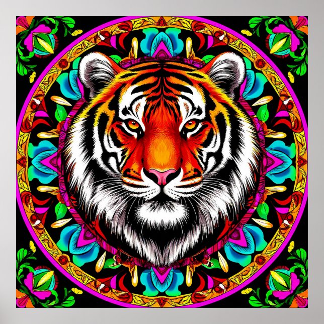 Affiche Portrait de tigre avec motif de mandala (Devant)