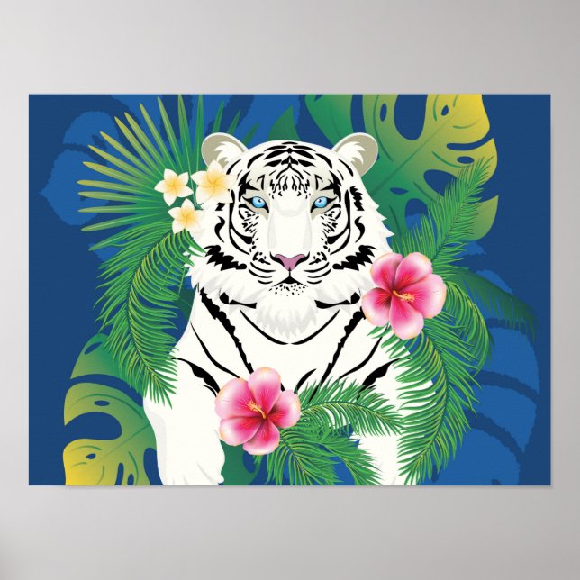 Affiche Portrait de tigre blanc avec des feuilles tropicau (Devant)
