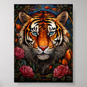 Affiche Portrait de tigre en verre coloré avec des roses r