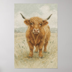 Affiche Portrait de vache des Highlands en sauge et crème