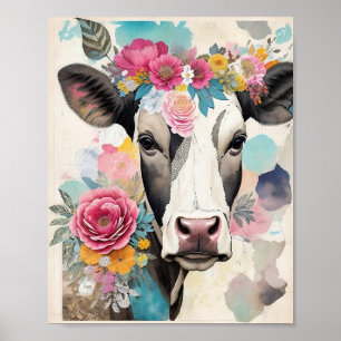 Affiche Portrait de vache Floral Média mixte Collage