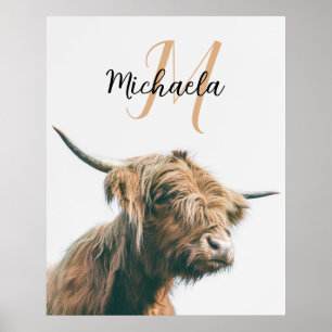 Affiche Portrait de vache highland personnalisé avec monog