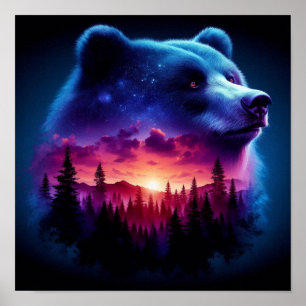 Affiche Portrait d'ours à double exposition avec coucher d