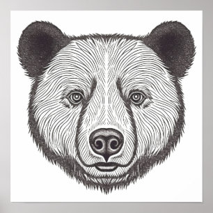 Affiche Portrait d'ours noir et blanc Cute Stencil Art
