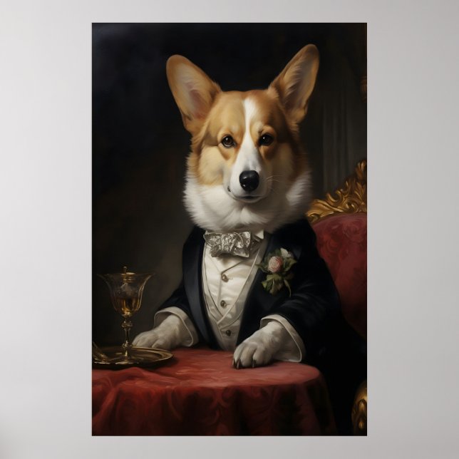 Affiche Portrait d'un Corgi Aristocratique Imprimé, Drôle (Devant)