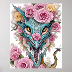 Affiche Portrait d'une belle tête de dragon rose lunatique