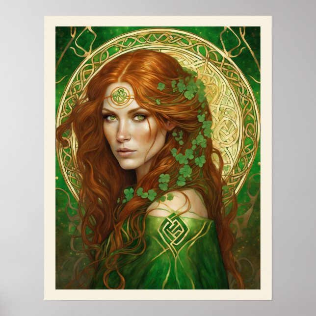 Affiche Portrait d'une femme en or celtique Shamrock vert (Devant)