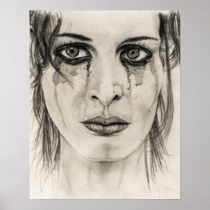 Affiche Portrait d'une fille en pleurs - Dessin au crayon