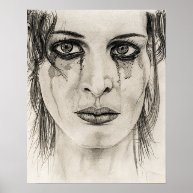 Affiche Portrait d'une fille en pleurs - Dessin au crayon (Devant)
