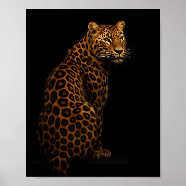 Affiche Portrait élégant de léopard sur fond noir (Devant)
