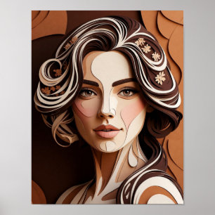 Affiche Portrait élégant en papier découpé aux tons terreu