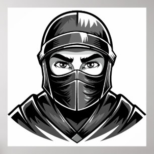 Affiche Portrait en noir et blanc d'un guerrier ninja masc
