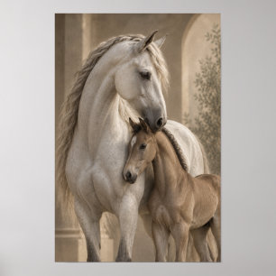 Affiche Portrait équestre de jument blanche et poulain sur