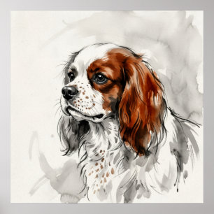 Affiche Portrait esquisse à l'encre de Cavalier King Charl