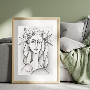 Affiche Portrait Féminin Abstrait Dessin au Trait Cubist