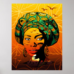 Affiche Portrait féminin africain avec coucher de soleil