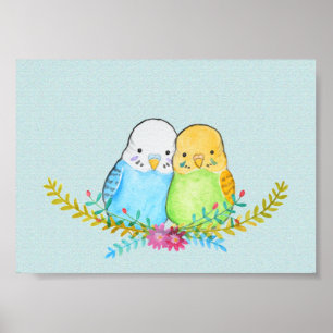 Affiche Portrait floral de perruches mignonnes oiseaux de