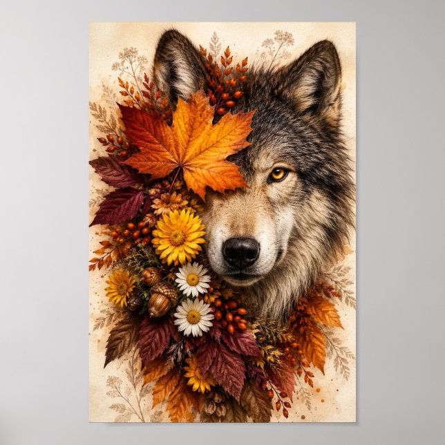 Affiche Portrait Floral Illustration de Loup d'Automne dan (Devant)