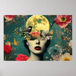 Affiche Portrait Floral Lunaire Surréaliste