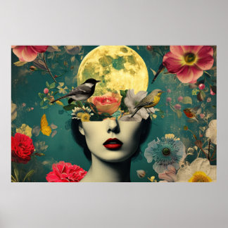 Affiche Portrait Floral Lunaire Surréaliste