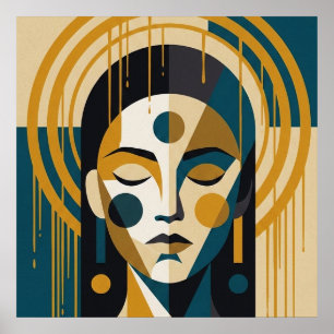 Affiche Portrait Géométrique Zen en Sarcelle et Ocre