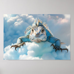 Affiche Portrait Iguana Cute Sur Nuage Fluffé Avec Ciel Bl