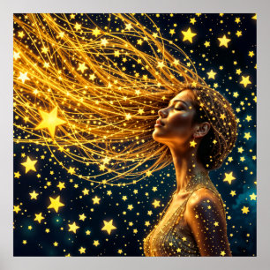 Affiche Portrait magique étoilé de femme imaginaire d'or