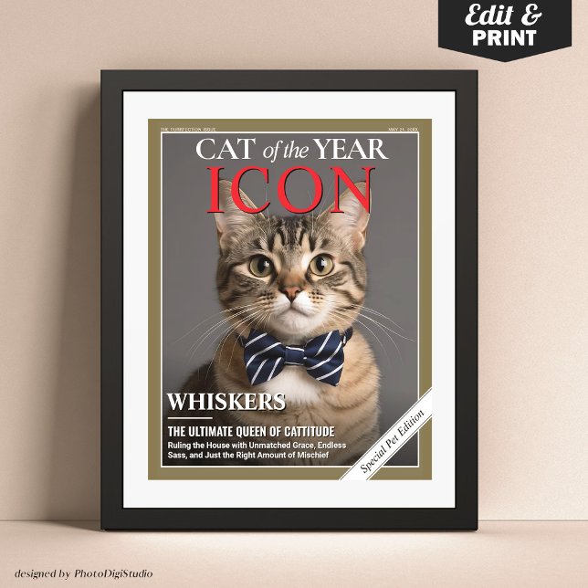 Affiche Portrait Modèle pour animal de compagnie de couver (Custom Cat Magazine Cover Template, Cat of the Year Pet Portrait Poster)
