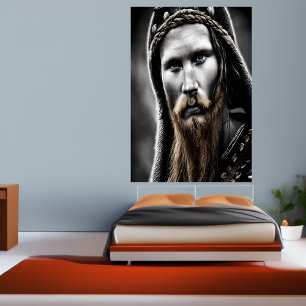 Affiche Portrait noir blanc brun d'un viking   Art AI