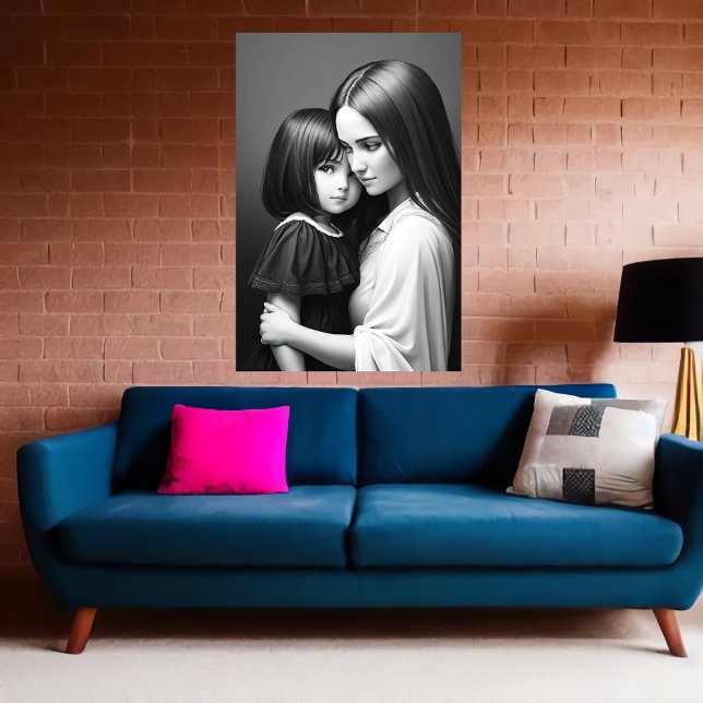 Affiche Portrait noir blanc Mère et fille | Art AI (Créateur téléchargé)