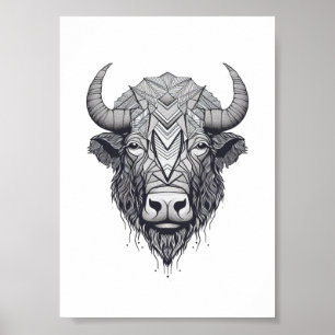 Affiche Portrait noir et blanc du bison à cornes