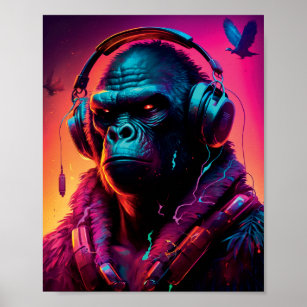 Affiche Portrait Of Gorilla Wearing A Headphones