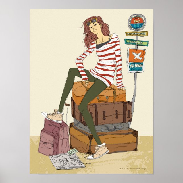 Affiche Portrait of young woman sitting on suitcase (Devant)