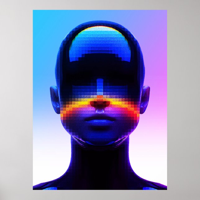 Affiche Portrait Pixel Art Futuriste – Abstrait Numérique (Devant)