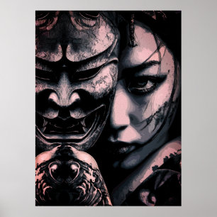 Affiche Portrait réaliste d'une femme japonaise masquée av