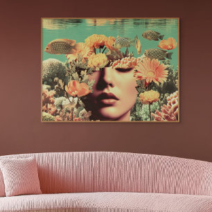 Affiche Portrait sous-marin surréaliste avec des fleurs de