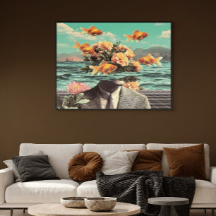 Affiche Portrait surréaliste avec fleurs de poisson rouge