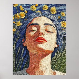 Affiche Portrait texturé Femme de cheveux bleu Fleurs jaun