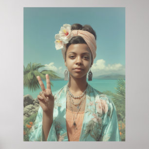 Affiche Portrait Tropical avec Geste de Signe de Paix