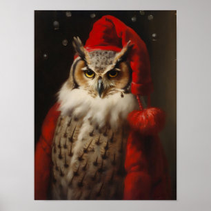 Affiche Portrait vintage de hibou de Noël Santa, Animaux h