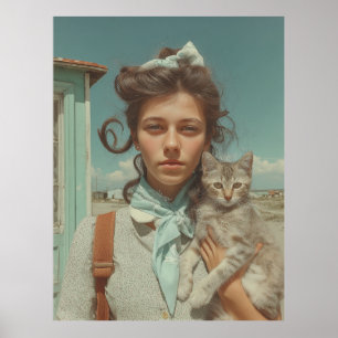 Affiche Portrait Vintage d'une Fille Tenant un Chaton