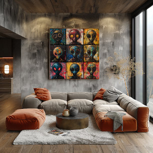 Affiche Portraits d'aliens abstraits dans une grille de gr