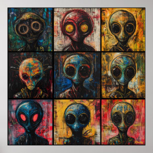 Affiche Portraits d'aliens abstraits dans une grille pop a