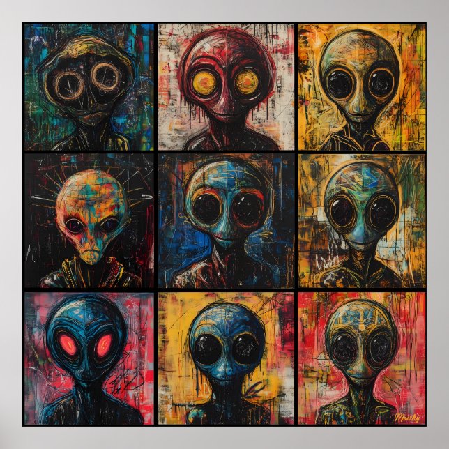Affiche Portraits d'aliens abstraits dans une grille pop a (Devant)