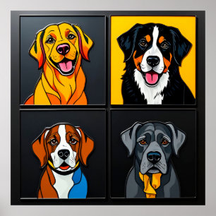 Affiche Portraits d'Art Pop Colorés de Chiens Adorables