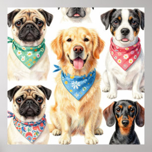 Affiche Portraits de chiots mignons en bandana en collage 