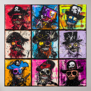Affiche Portraits de crânes de pirates colorés en grille d
